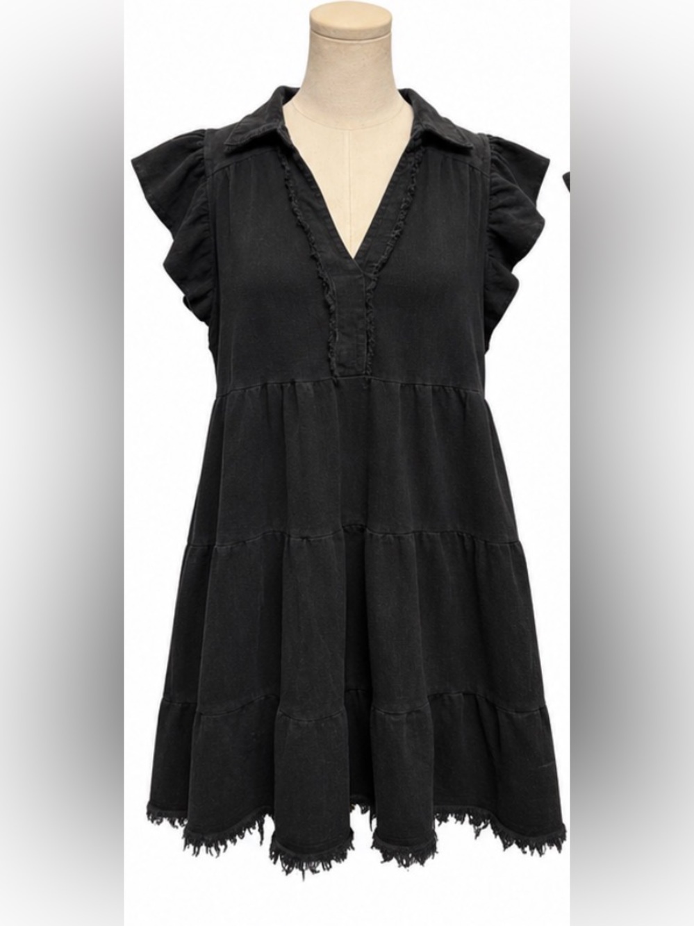 Umgee Black Ruffle Sleeve Tiered Cotton Mini Dress Size 10 Raw Hem